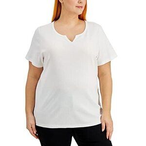 Karen S Plus Size Cotton Split Neck Top Bright White 2X